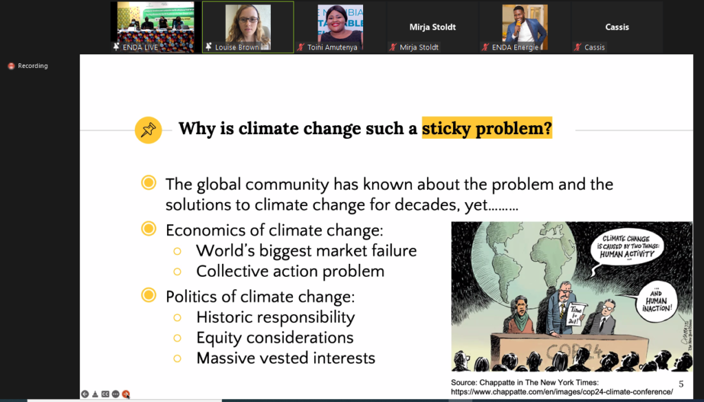 Presentation slide from Louise’s module presentation on climate change, climate finance architecture, and the political economy of climate finance